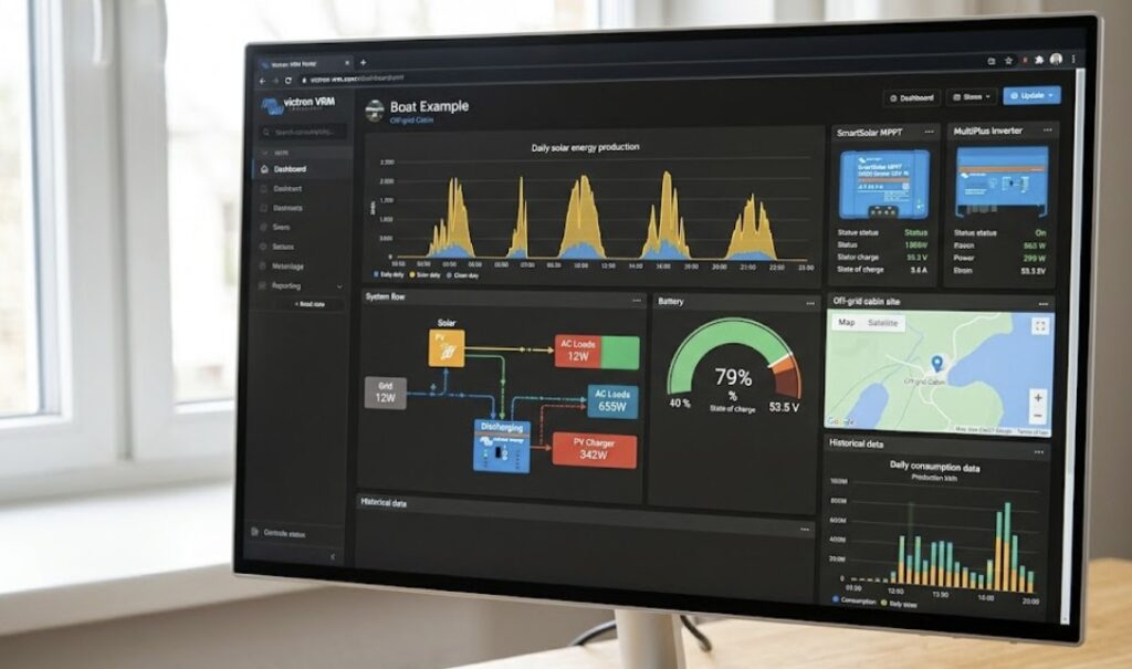 The Victron VRM Portal dashboard showing detailed solar production graphs and battery status, a key advantage when evaluating monitoring for Victron vs Renogy charge controllers.