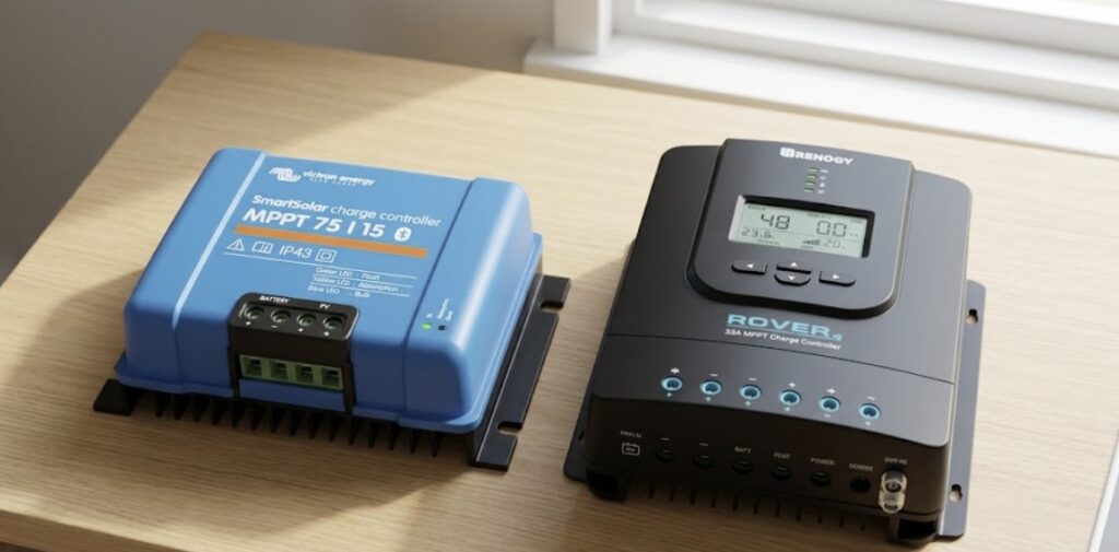 A professional RV installation of a blue Victron SmartSolar MPPT charge controller with a prominent aluminum heat sink, illustrating the build quality difference when comparing Victron vs Renogy charge controllers in 2026.
