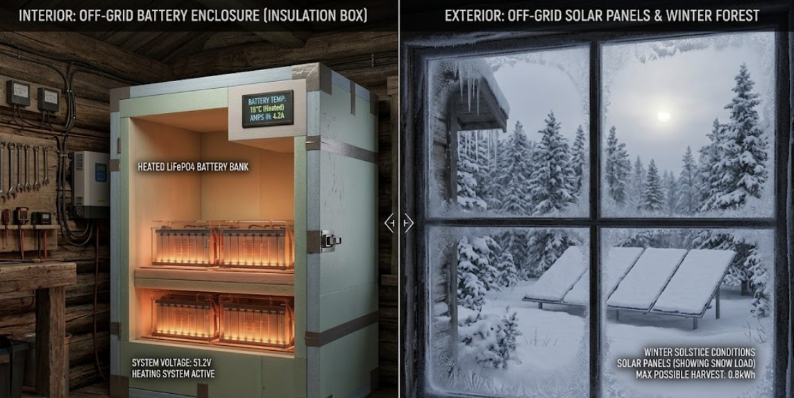 An insulated battery enclosure for winter solar charging lithium batteries in an off-grid cabin, showing protection against freezing temperatures.