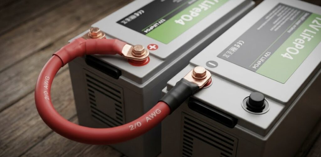 Close-up view of two 12V batteries wired in series as part of a professional 24V solar system wiring diagram.