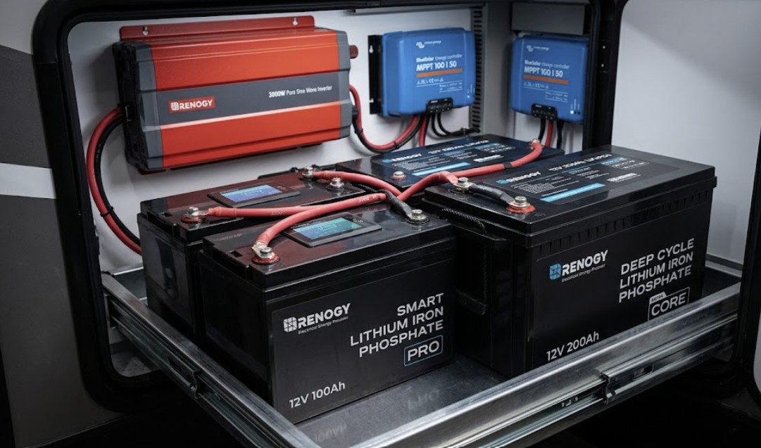 A realistic side-by-side comparison inside an RV bay showing two 100Ah LiFePO4 batteries wired in parallel next to a single large 200Ah battery, both connected to solar components.