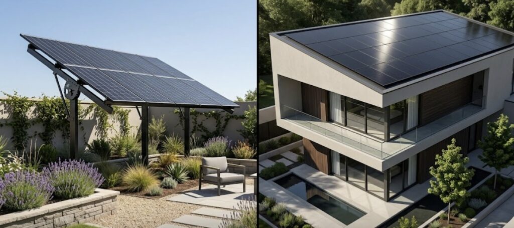 Ground Mount vs Roof Mount Solar aesthetic comparison showing a backyard rack versus roof-integrated panels.