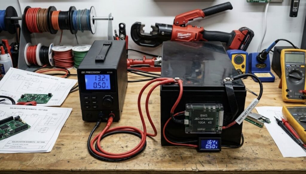 A professional photograph in an electronics workshop showing a technician using a regulated bench power supply to safely awaken a deeply discharged LiFePO4 battery that has been locked out by its BMS sleep mode.