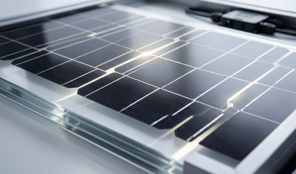 Close-up detail of the rear side of a bifacial solar panel showing the dual-glass structure and energy-capturing cells.