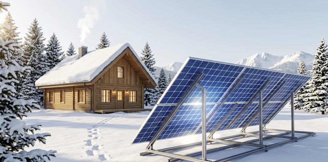 Bifacial solar panels for cabins showing energy capture from snow reflection (albedo effect).