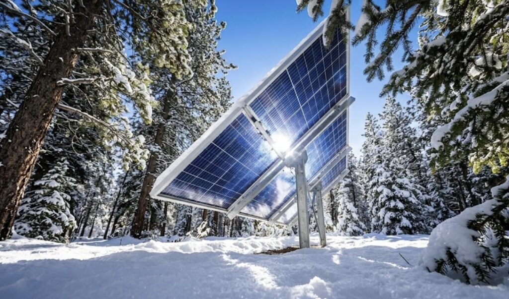 Bifacial solar panels in a snowy cabin environment demonstrating how snow reflects sunlight to the back of the module.