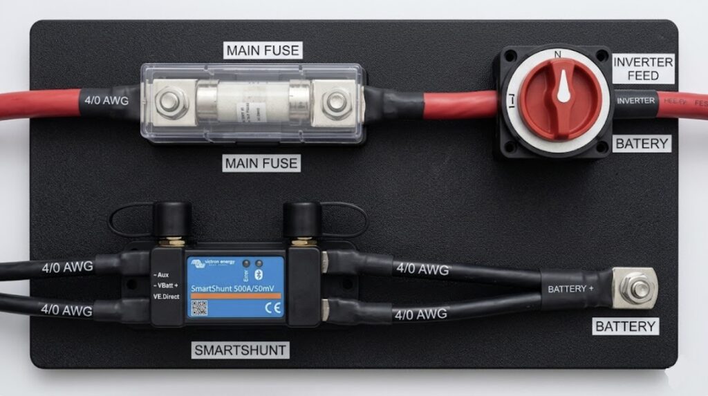 A professional solar safety board featuring a Class T fuse and disconnect switch, essential for protecting a 2x 100Ah vs 1x 200Ah battery bank against electrical short circuits in off-grid systems.