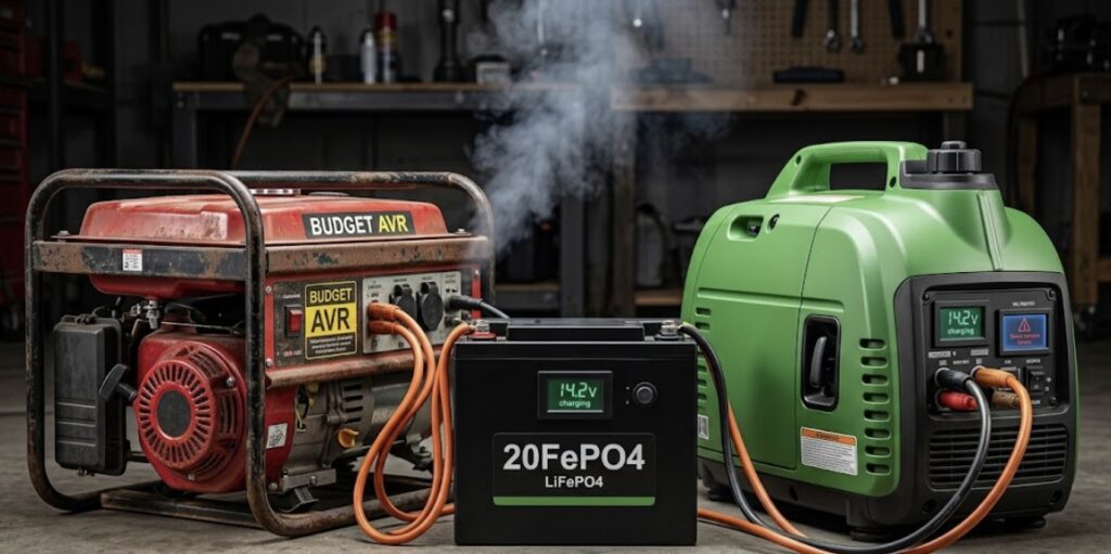 A side-by-side comparison photograph showing a traditional open-frame contractor generator and a modern enclosed inverter generator, highlighting why the latter is superior for avoiding issues where a generator is not charging lithium battery systems.