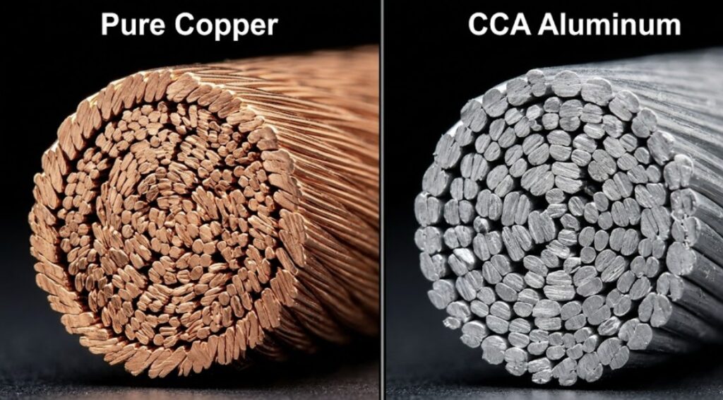 Side-by-side macro comparison of pure copper strands versus aluminum (CCA) conductors for solar spanel wire size.