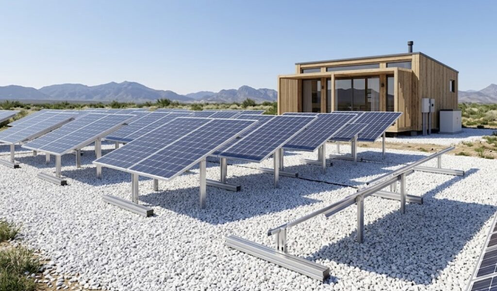 Elevated Bifacial Solar Panels for Cabins array over white gravel for maximum albedo effect and energy efficiency in an off-grid cabin setup.