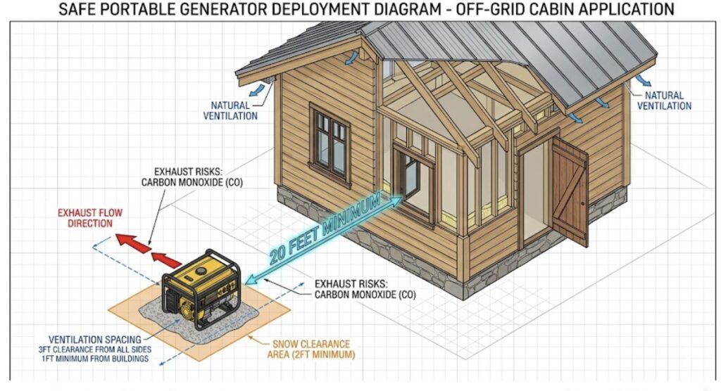 An engineering diagram illustrating safe generator placement at least 20 feet from off-grid cabin windows and doors, showing exhaust direction, snow clearance zones, and ventilation requirements.