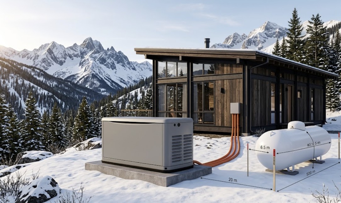 A comprehensive overview of a professional off-grid cabin generator sizing installation in a mountain environment, featuring a large standby generator, a 500-gallon propane tank, and engineered conduits leading to the cabin.