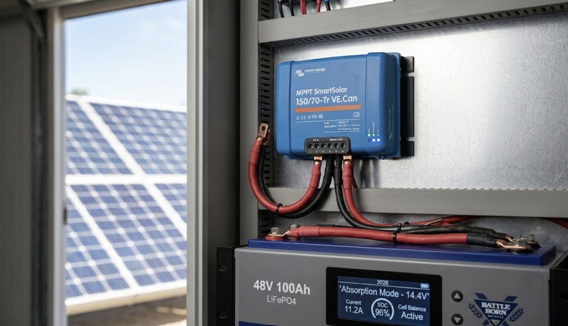 A high-end off-grid solar installation showcasing clean solar panel to lifepo4 battery sizing integration using an MPPT controller and a lithium battery bank.