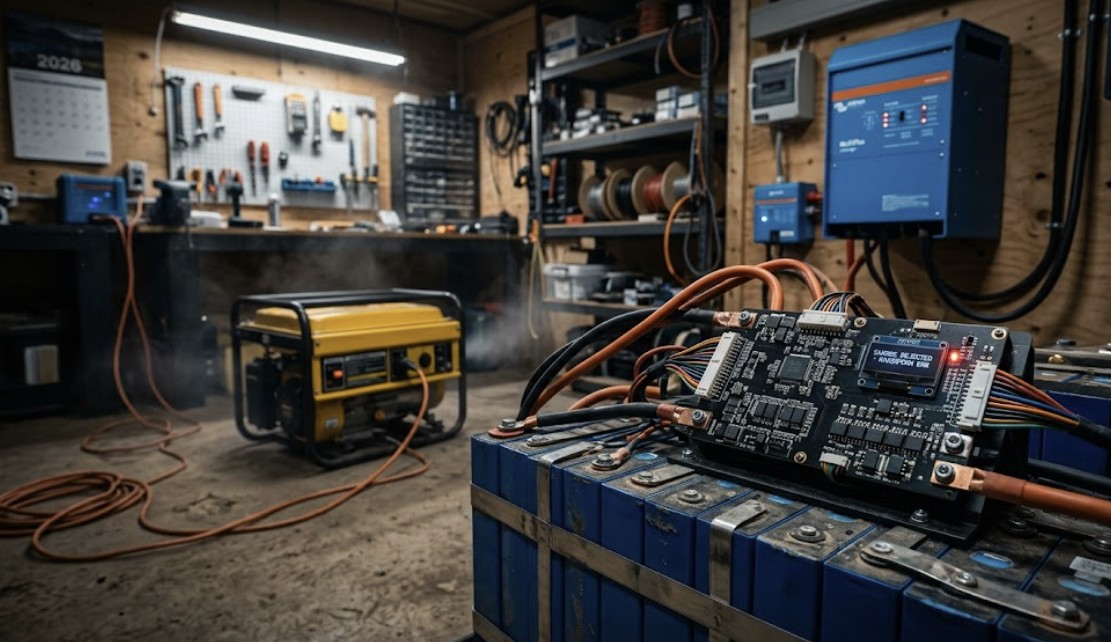 A dynamic featured image illustrating the common problem of a generic portable generator not charging a lithium battery bank due to waveform corruption in an off-grid cabin setup.