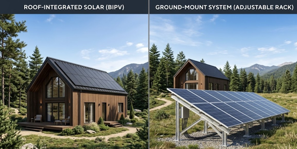 Complete visual comparison between roof-mounted and ground-mounted solar systems for an off-grid cabin.