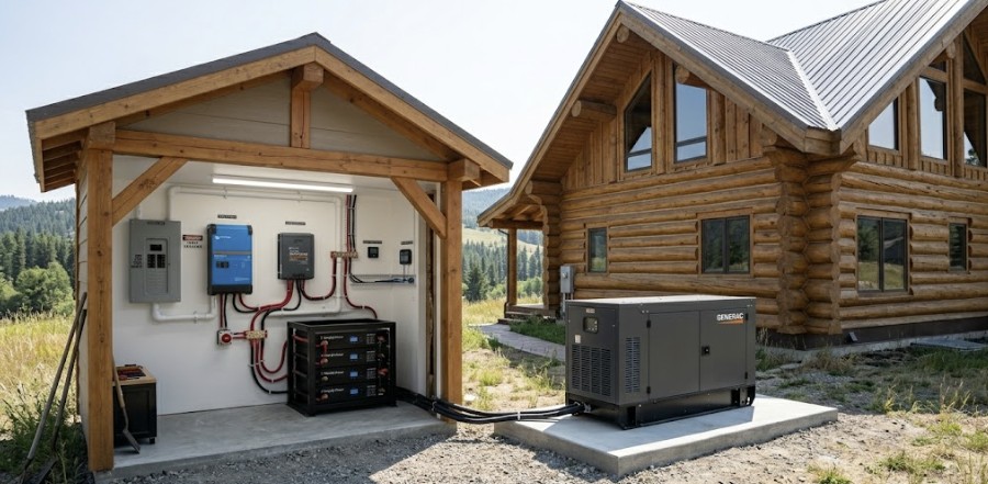 Hybrid solar electrical system configuration for an independent cabin showing backup generator and main panelboard