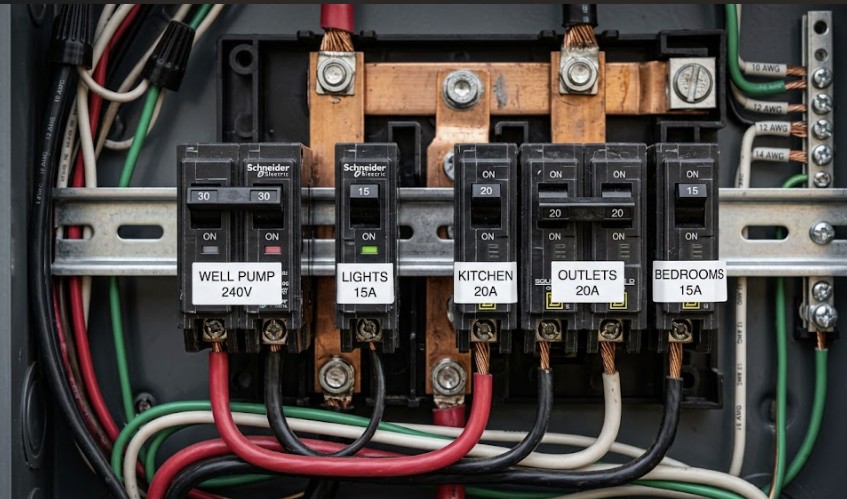 Close-up of labeled circuit breakers inside off-grid cabin electrical panels for branch circuit protection