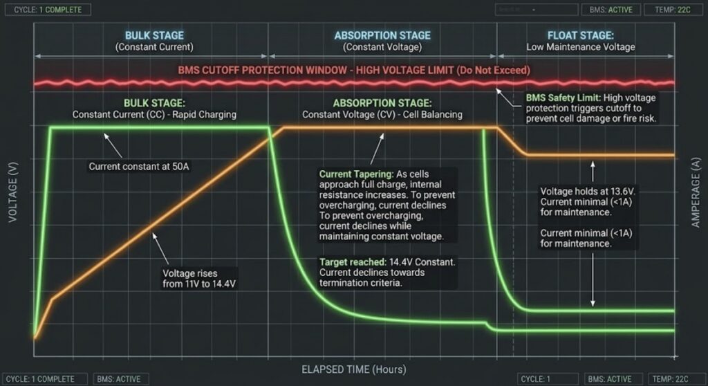 A detailed technical charging curve diagram showing the physical bulk, absorption, and float voltage stages alongside internal BMS safety cutoff thresholds of a lithium pack.