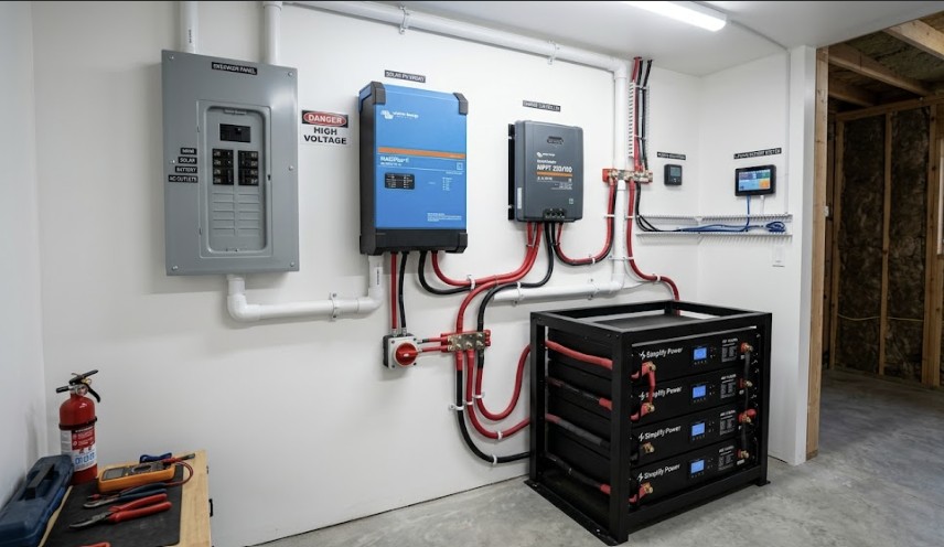 Complete off-grid cabin electrical panels installation with hybrid inverter and lithium battery bank