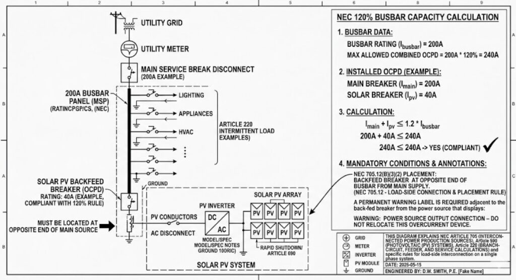 An electrical single-line diagram layout detailing the busbar distribution limits enforced by the National Electrical Code 120 percent rule during a solar inverter installation.