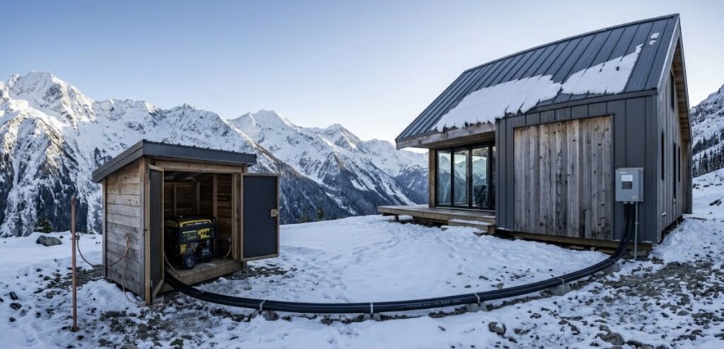 A wide panoramic photo showing a hardened off-grid cabin generator installation with robust 10AWG wiring and a dedicated grounding system to prevent future failures like a generator not charging lithium battery banks.