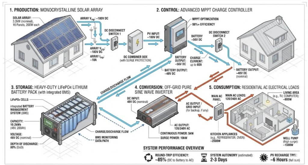 A comprehensive electrical system schematic diagram mapping a high-efficiency solar panel, MPPT charge controller, and LiFePO4 lithium battery off-grid configuration.