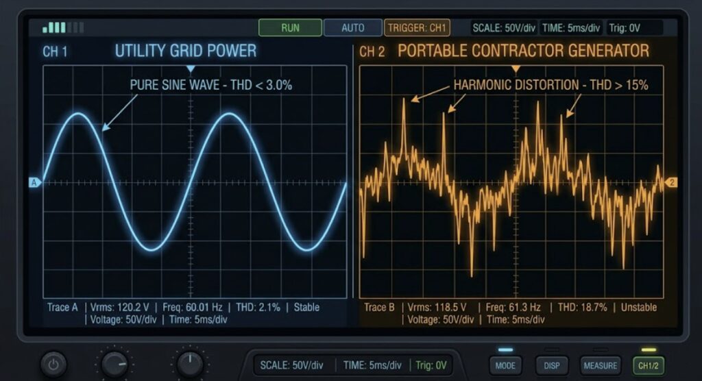 A high-quality technical diagram comparing a smooth pure sine wave from utility power against a chaotic, spike-filled waveform from a portable generator, explaining why generators sometimes fail to charge lithium batteries.