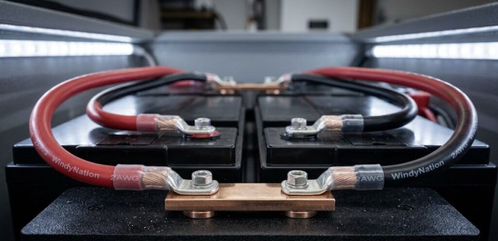 Macro photo of a professional LiFePO4 battery setup showing balanced parallel wiring with solid copper busbars and perfectly symmetrical, equal-length 2AWG red and black cables