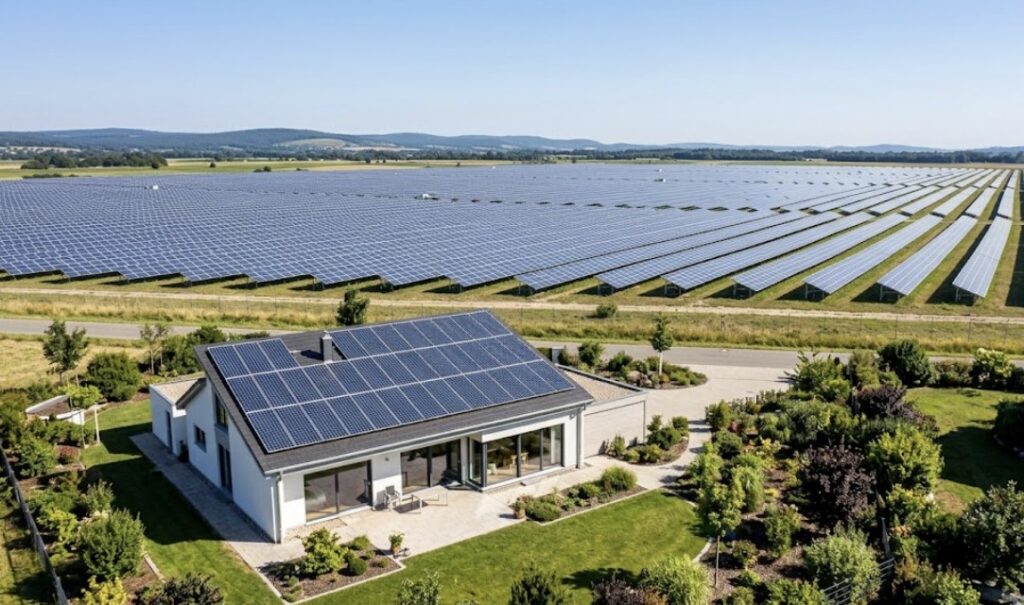 Scale comparison of a small residential roof solar system versus a large-scale ground-mounted solar array.