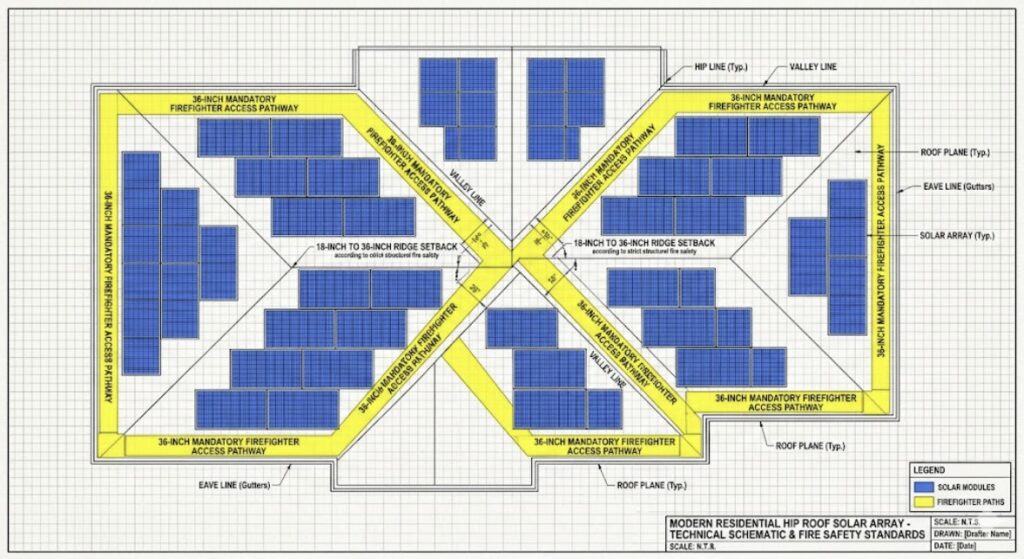 A rooftop layout blueprint demonstrating compliant residential solar placement with the mandatory 36-inch firefighter access pathways and ridge setbacks.