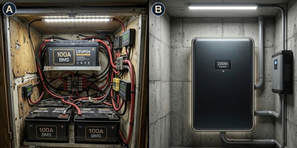 A split comparison photograph showing two slim 100Ah batteries tucked into a tight RV compartment versus one large single 200Ah battery mounted elegantly in a cabin solar cabinet.