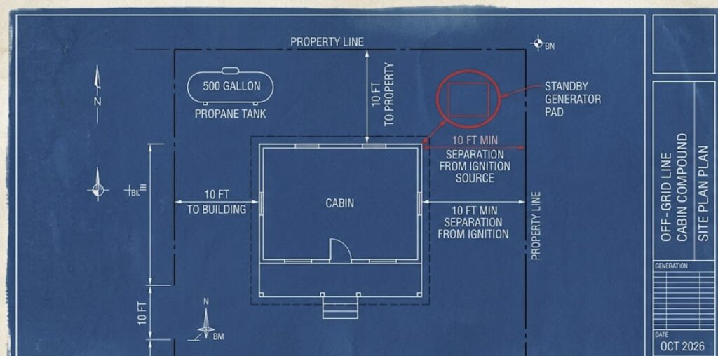 A detailed site plan illustrating mandatory NFPA 58 propane tank setbacks from cabin walls, property lines, and ignition sources like a standby generator pad for a compliant off-grid cabin generator sizing installation.