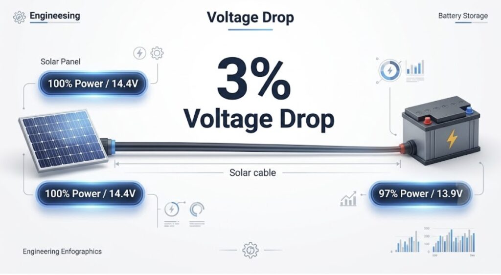 Technical diagram showing energy loss and percentage of voltage drop across a long solar cable run.