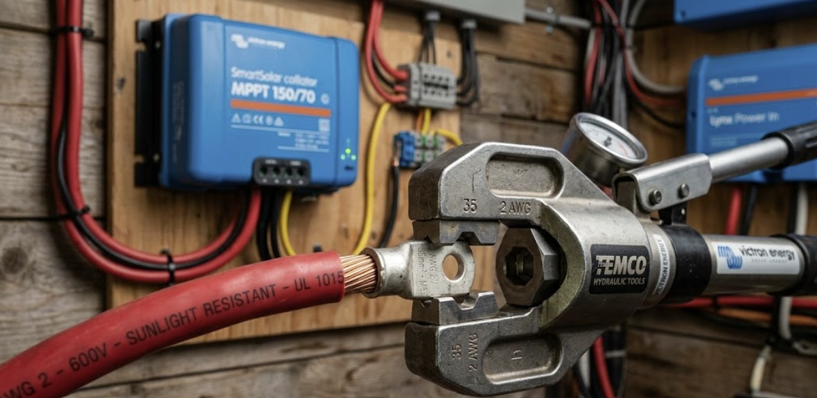 Professional installation of high-gauge copper solar wiring with hydraulic crimped lugs for an off-grid cabin.