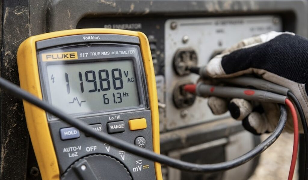 A detailed close-up shot of a technician using a high-precision True RMS multimeter to diagnose a portable generator not charging lithium battery setups by measuring unstable AC voltage and frequency drift.