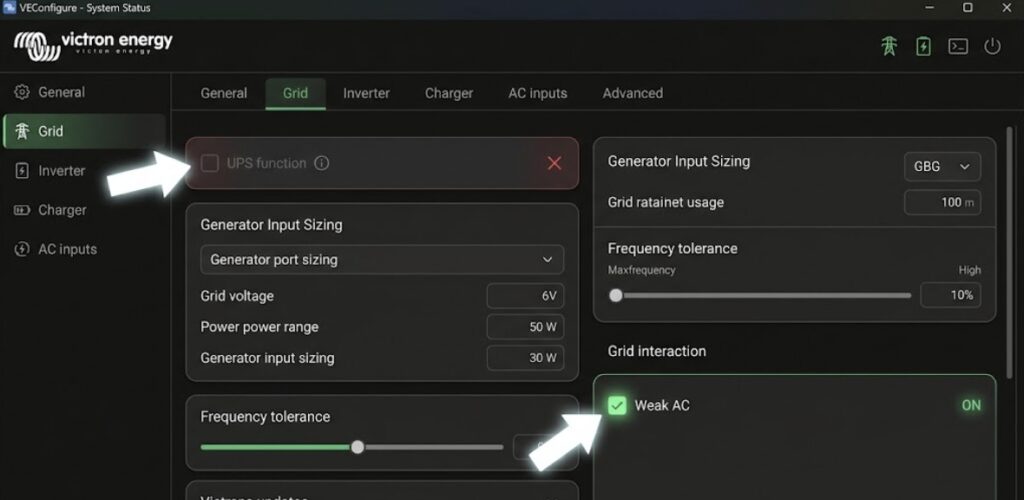 A screenshot of the Victron VEConfigure interface highlighting the mandatory settings to fix a generator not charging lithium battery bank: disabling UPS Function and enabling Weak AC mode.