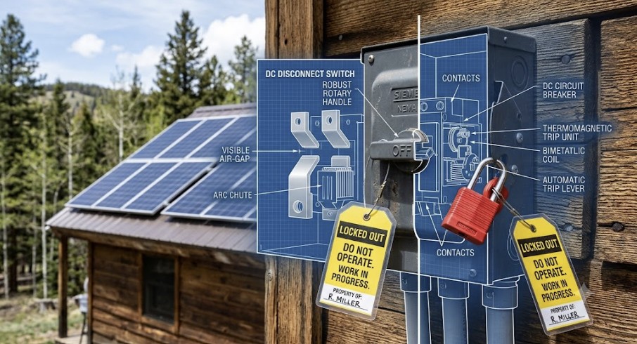 A technical diagram comparing the internal mechanisms of a DC disconnect switch and a DC circuit breaker for solar applications.