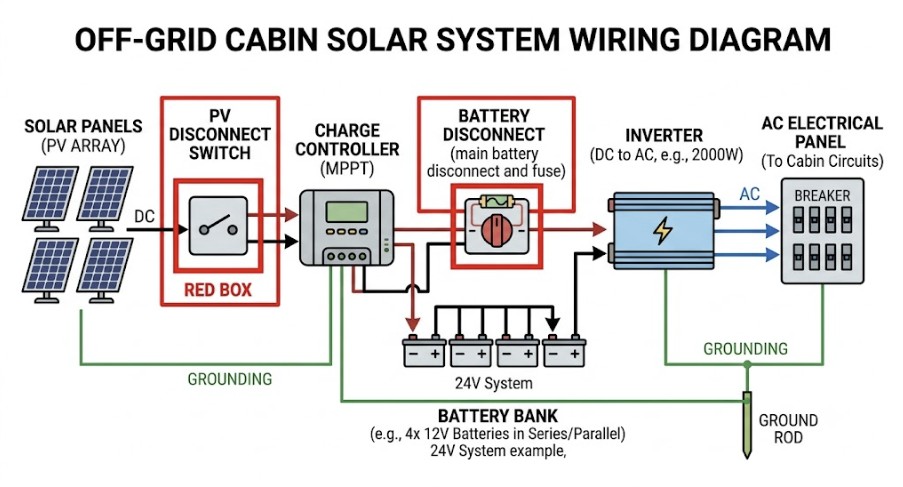 Wiring diagram showing the correct installation locations for PV array and battery disconnect switches in a typical off-grid cabin solar power system.