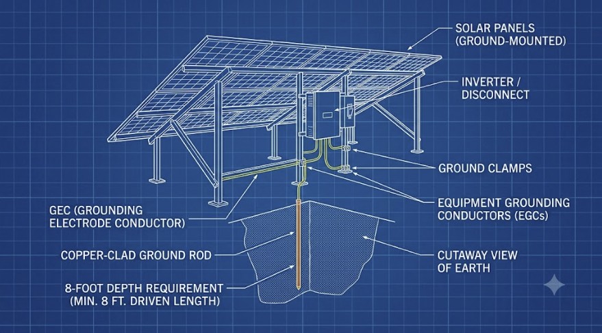 A diagram illustrating the correct installation of the best ground rod for solar panels.