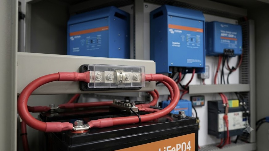 A correctly installed Class T fuse in an off-grid solar power system with a LiFePO4 battery.