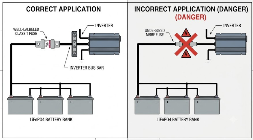 Comparison diagram showing the correct use of a Class T fuse for parallel LiFePO4 batteries.