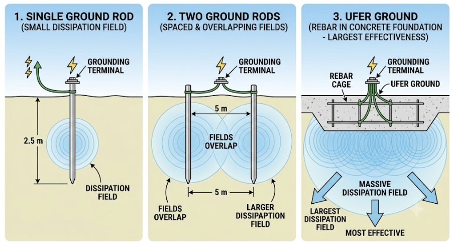 Visual comparison of ground rod effectiveness for lightning protection.