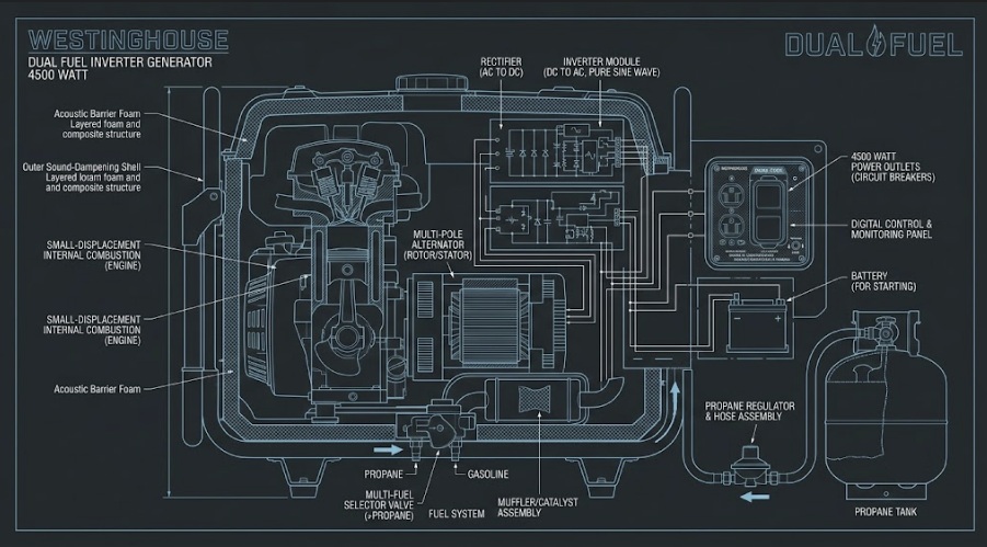 Technical blueprint showing the internal components of an inverter generator