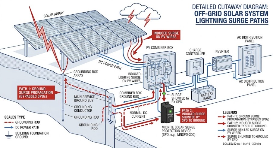 Diagram illustrating how a lightning surge bypasses sensitive electronics using an SPD.