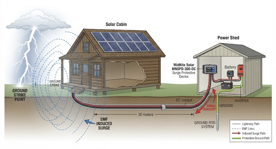 Diagram showing how a nearby lightning strike induces a voltage surge in solar panel wiring for an off-grid cabin.