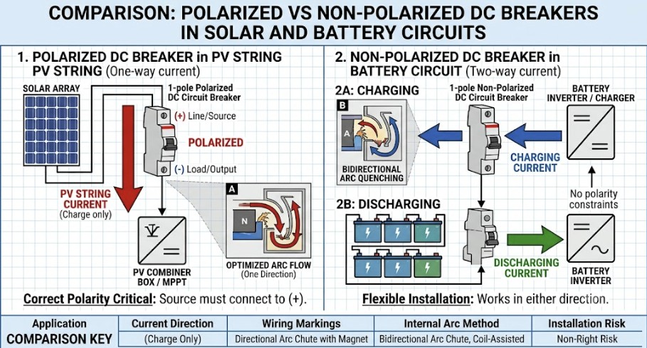 Diagram illustrating the correct use of polarized vs. non-polarized options for the best DC circuit breaker for solar arrays.