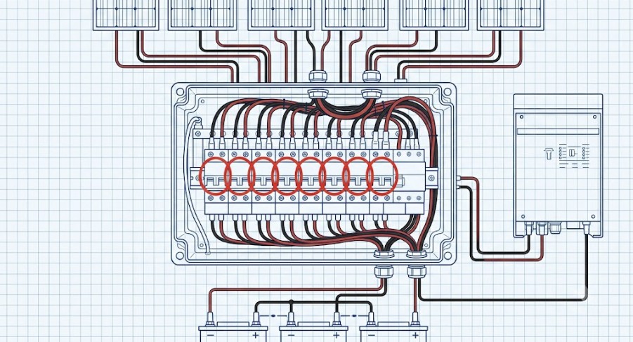 Diagram showing the correct placement for the best DC circuit breaker for solar arrays within a PV system.