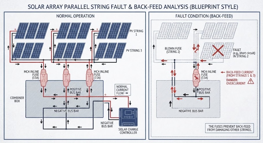 Diagram showing how an inline fuse protects a solar panel from back-feed current in a parallel array.