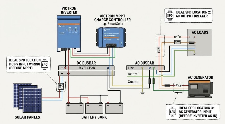 A wiring schematic showing the best lightning arrester for off-grid solar systems placement.