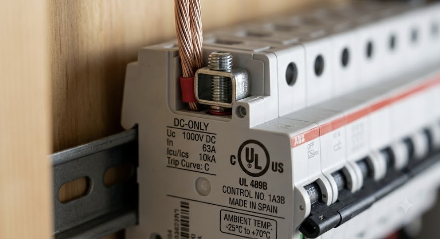 A detailed view of the ratings for the best DC circuit breaker for solar arrays, highlighting the UL 489B certification mark.